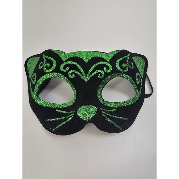 Black Cat Mask Green Glitter Costume Accessory Halloween Party Masquerade - Picture 1 of 3